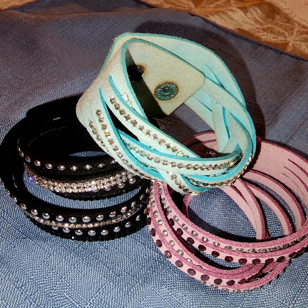 3 Wrap Bracelets,  stackable, Rhinestones.